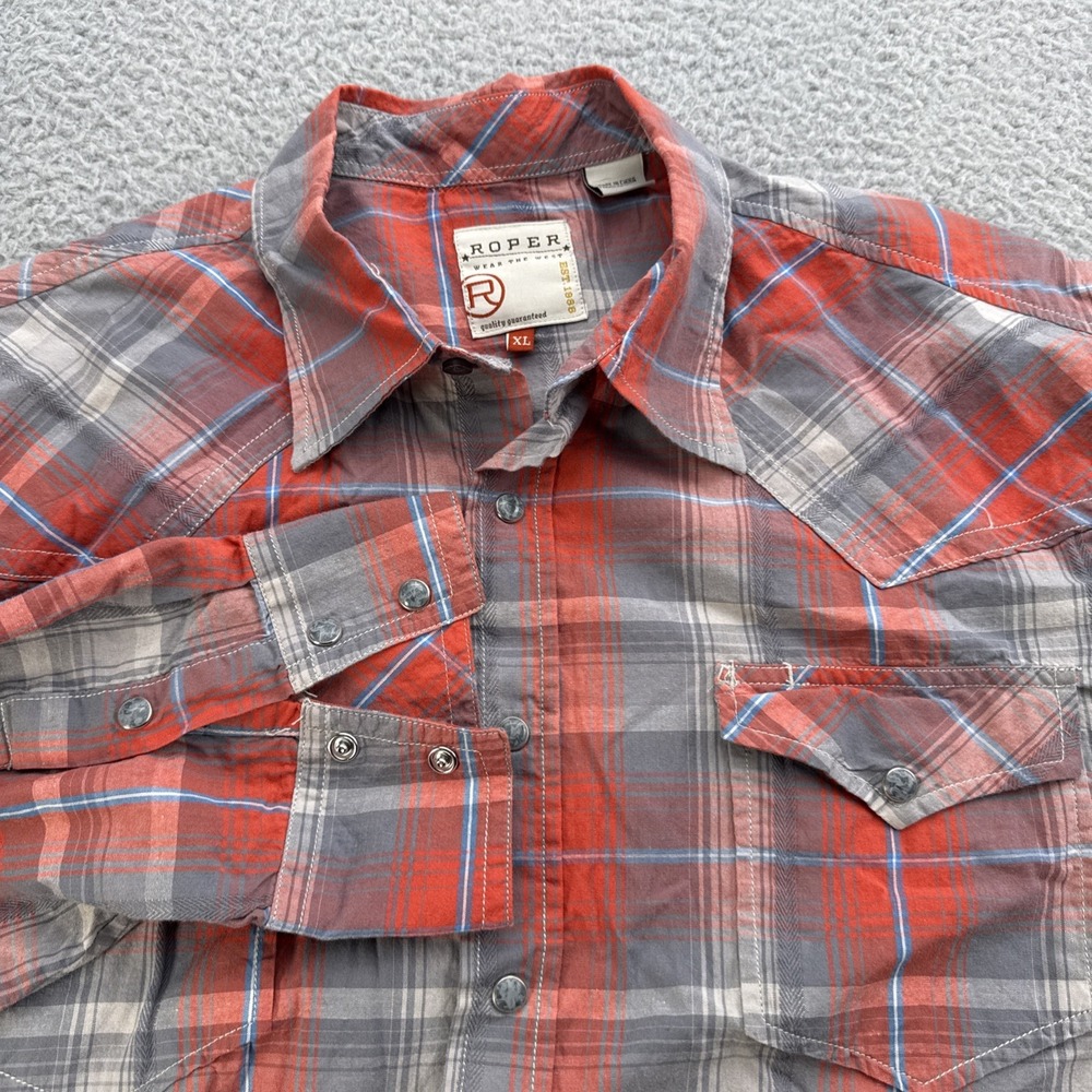 Roper Western Shirt Mens XL  L/S Gray Orange Plaid Pearl Snap Rodeo Cowboy
